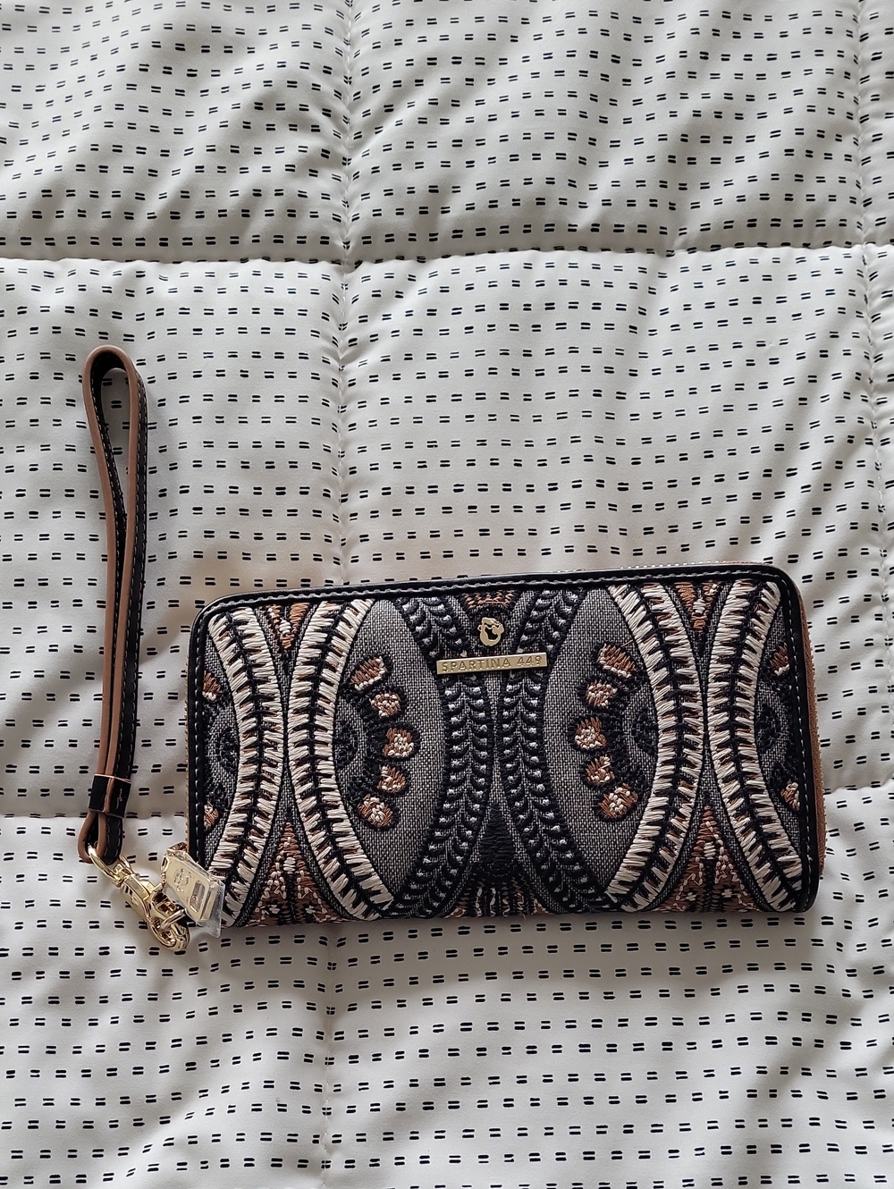 Spartina 449 Navy and Taupe Embroidered Canvas Accent with Gold Logo Wallet